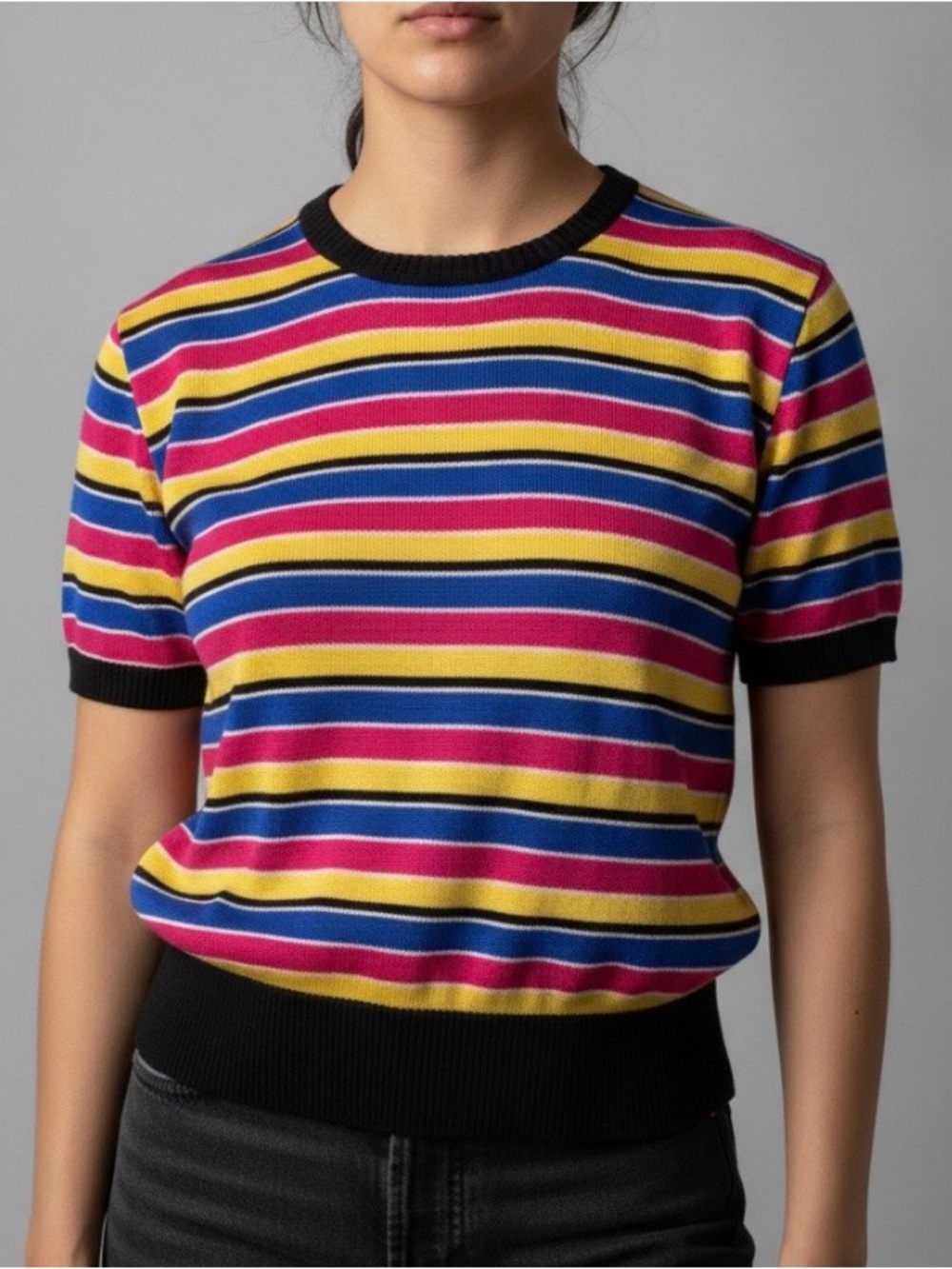 Rena Rowan 100% Silk Striped Knit Shoulder Pad Sweater Top M Colorful